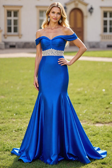 Off The Shoulder Mermaid Royal Blue Beaded Prom Dress